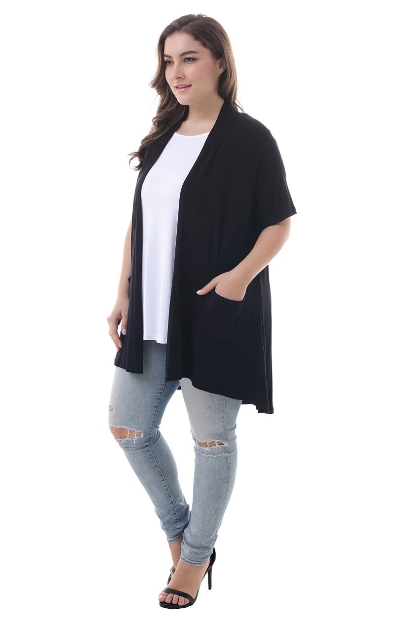ZERDOCEAN Women's Plus Size Short Sleeve Lightweight Soft Printed Drape Cardigan with Pockets Black 4X - Image 5